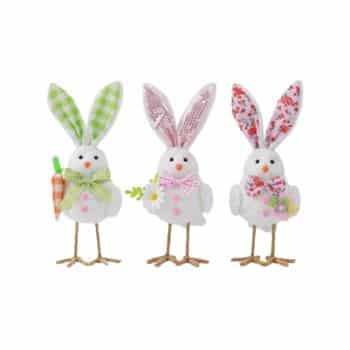 Three small, fuzzy white bird figures with bunny ears, each wearing a patterned bow tie and holding a spring-themed accessory, making them perfect amazon basket filler ideas.