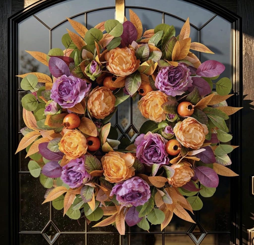 A colorful autumn wreath with orange and purple flowers, green and orange leaves, and small apples—a perfect example of diy wreaths—hangs on a black glass-paneled door.