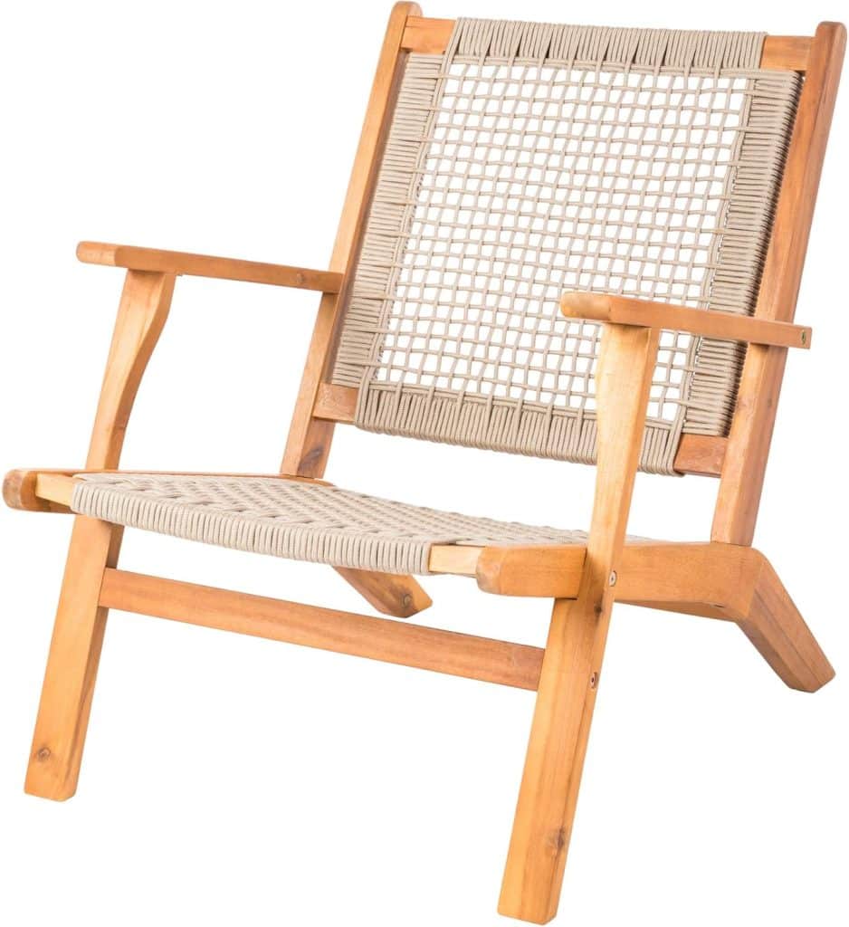 A wooden lounge chair with a light tan woven seat and backrest, featuring armrests and angled legs, offers simple porch decor—perfect for relaxing or adding style to your Amazon-inspired outdoor space. Photographed against a white background.