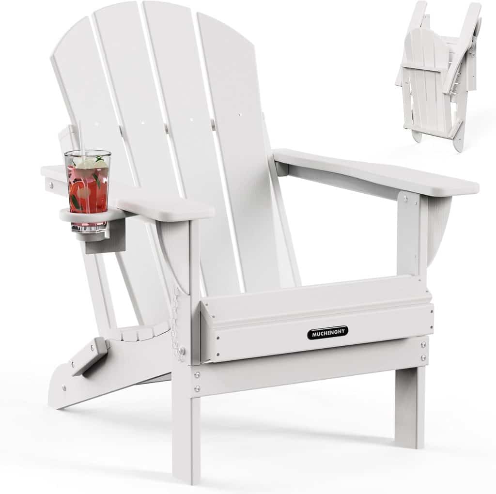 White Adirondack chair with a built-in cup holder holding a drink with ice and fruit. The chair’s wide armrests and slatted back offer comfort, making it perfect for amazon simple porch decor. Shown folded in a small inset image at the top right.