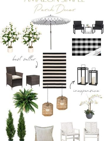 A collage of amazon simple porch decor items including plants, black and white chairs, a striped umbrella, lanterns with candles, plaid rugs, a striped pillow, and wicker hanging lights. Text highlights &ldquo;best seller&rdquo; and &ldquo;inexpensive.&rdquo;.