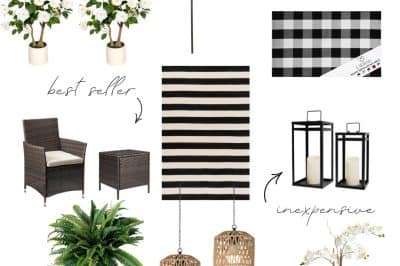 A collage of amazon simple porch decor items including plants, black and white chairs, a striped umbrella, lanterns with candles, plaid rugs, a striped pillow, and wicker hanging lights. Text highlights “best seller” and “inexpensive.”.