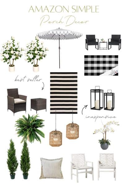 A collage of amazon simple porch decor items including plants, black and white chairs, a striped umbrella, lanterns with candles, plaid rugs, a striped pillow, and wicker hanging lights. Text highlights “best seller” and “inexpensive.”.