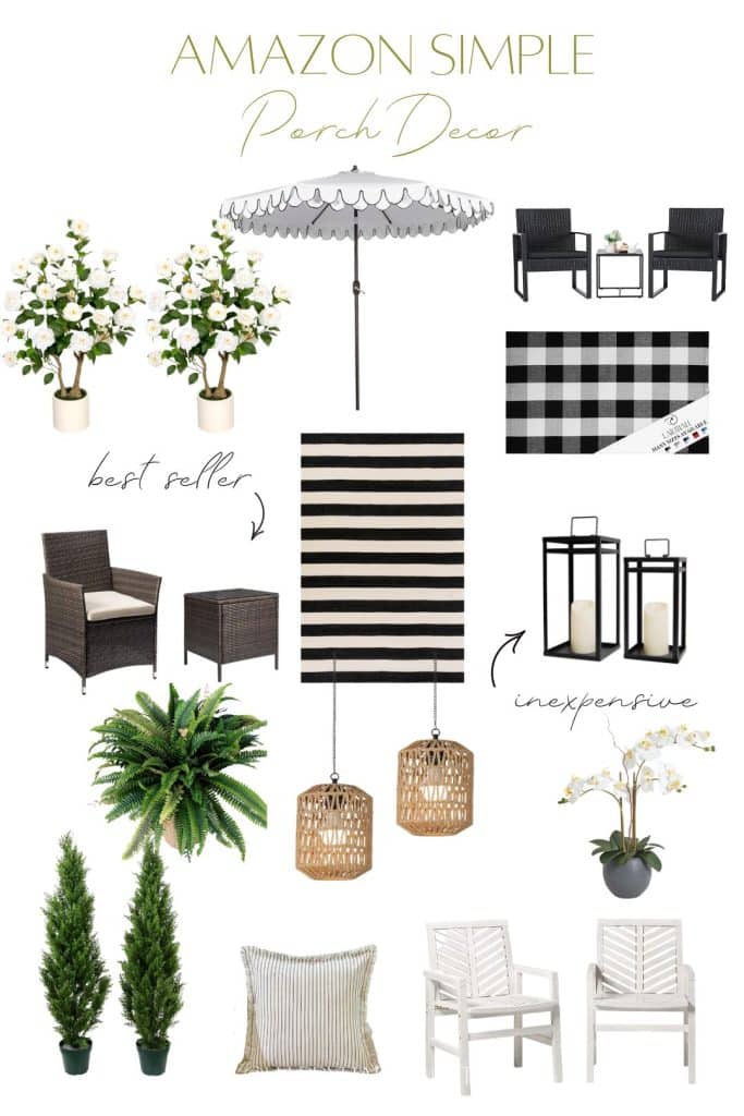 A collage of amazon simple porch decor items including plants, black and white chairs, a striped umbrella, lanterns with candles, plaid rugs, a striped pillow, and wicker hanging lights. Text highlights “best seller” and “inexpensive.”.