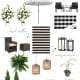 A collage of amazon simple porch decor items including plants, black and white chairs, a striped umbrella, lanterns with candles, plaid rugs, a striped pillow, and wicker hanging lights. Text highlights &ldquo;best seller&rdquo; and &ldquo;inexpensive.&rdquo;.