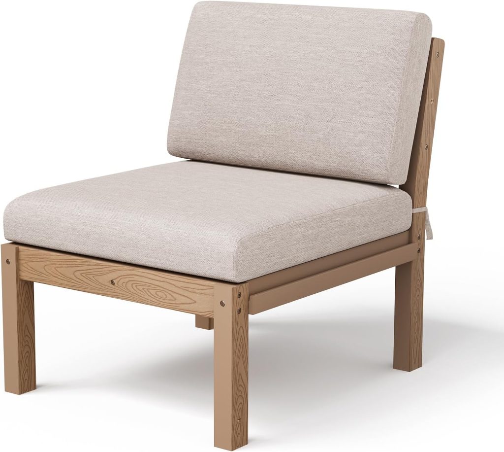 A simple chair with a light wood frame and beige upholstered seat and backrest, perfect for amazon simple porch decor, viewed at an angle on a white background.