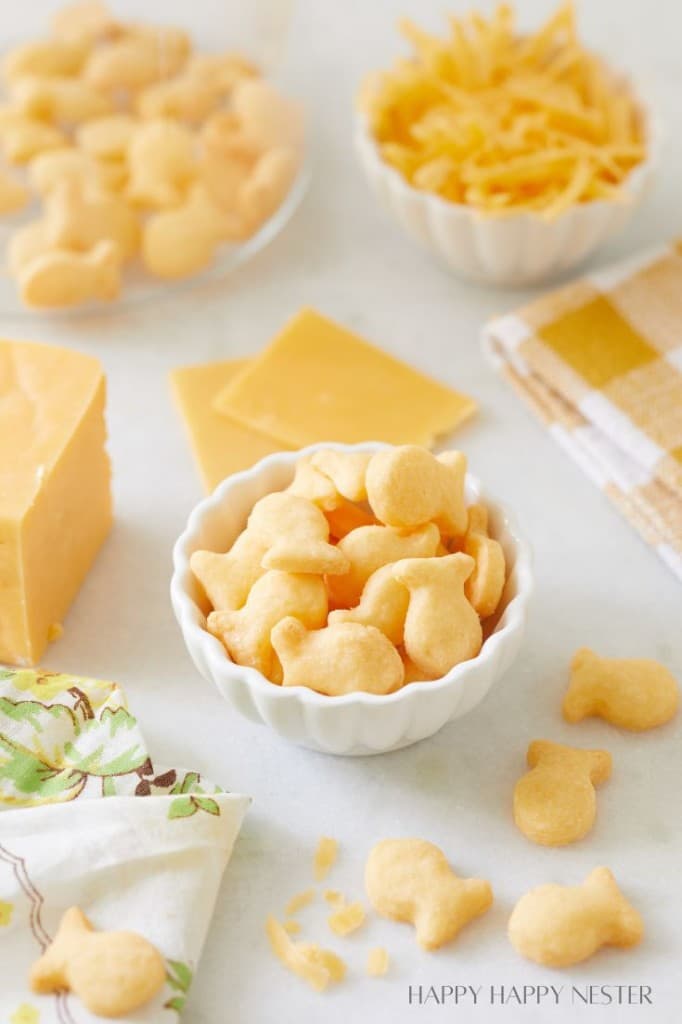 homemade goldfish crackers in a white little bowl with cheese surrounding the bowl.