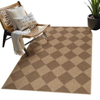 A tan and brown checkered area rug, found on Amazon, is placed next to a wooden woven chair with cushions and a white throw blanket. A potted plant beside the rug adds simple porch decor to this clean, modern scene.