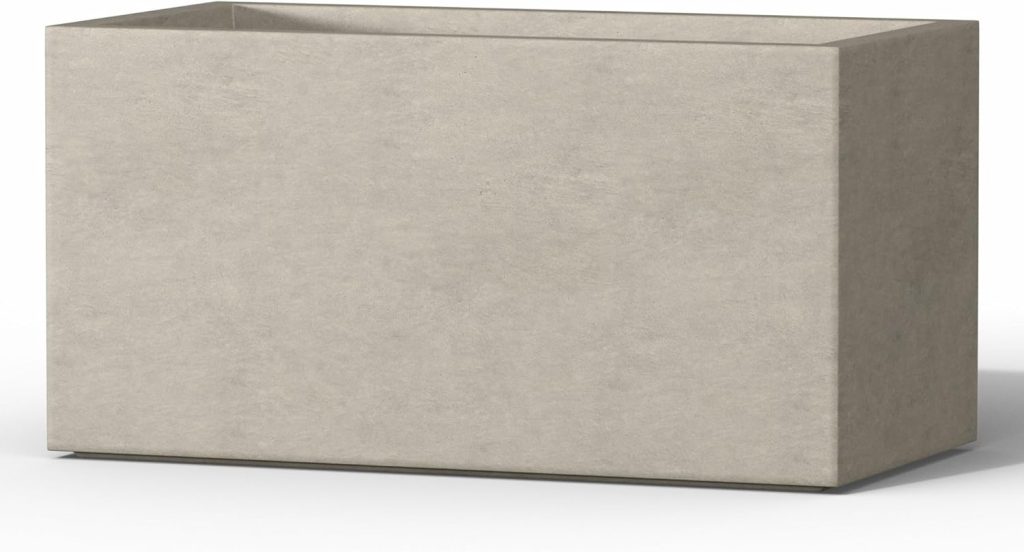 A rectangular, light gray concrete planter box with clean, straight edges and a smooth surface—perfect as simple porch decor. Photographed against a plain white background and available on Amazon.