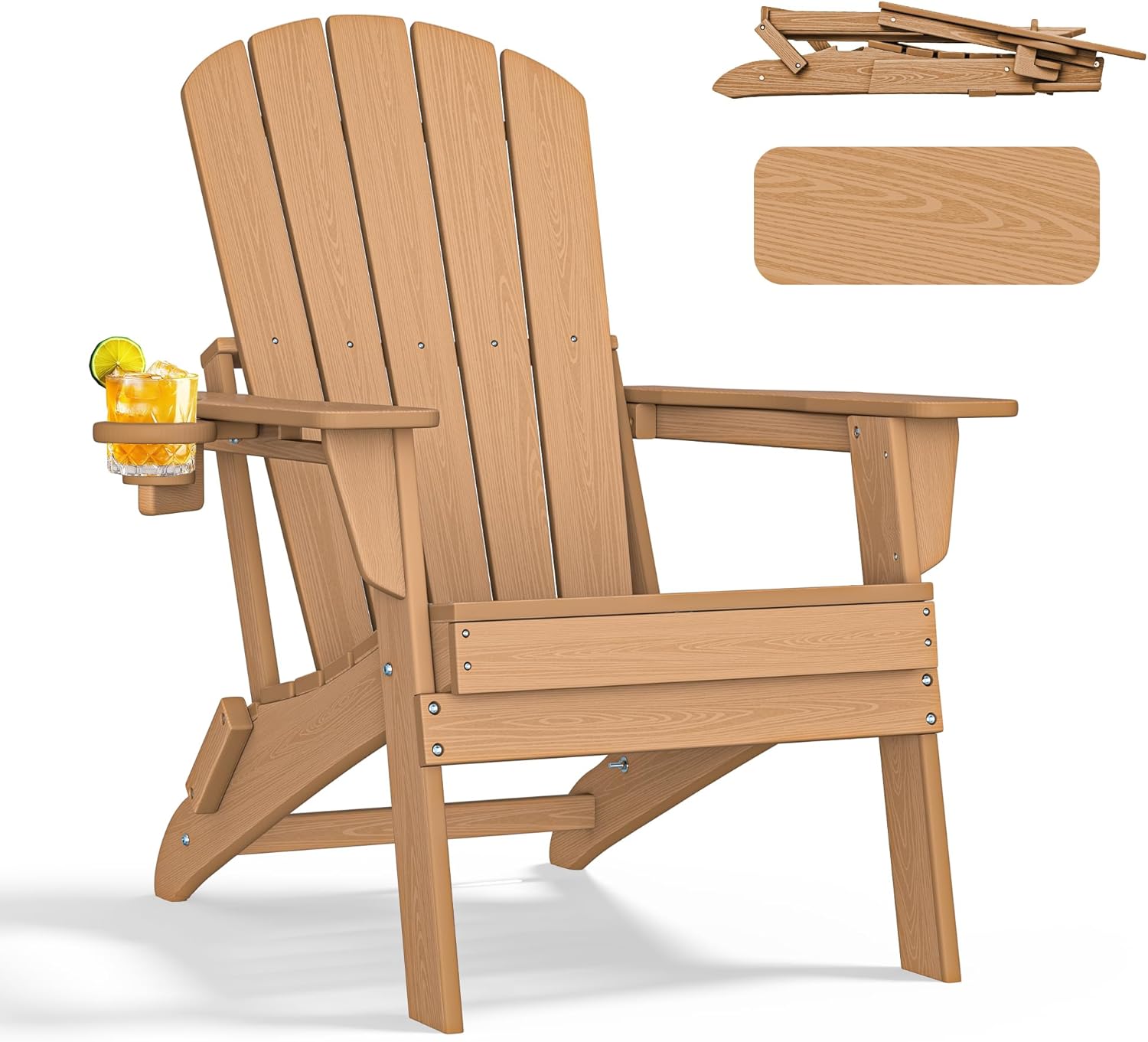 Light brown wooden Adirondack chair with a built-in cup holder holding a drink with lemon, shown assembled and folded—perfect for simple porch decor. Also includes a wood-textured rectangular board. Available on Amazon.