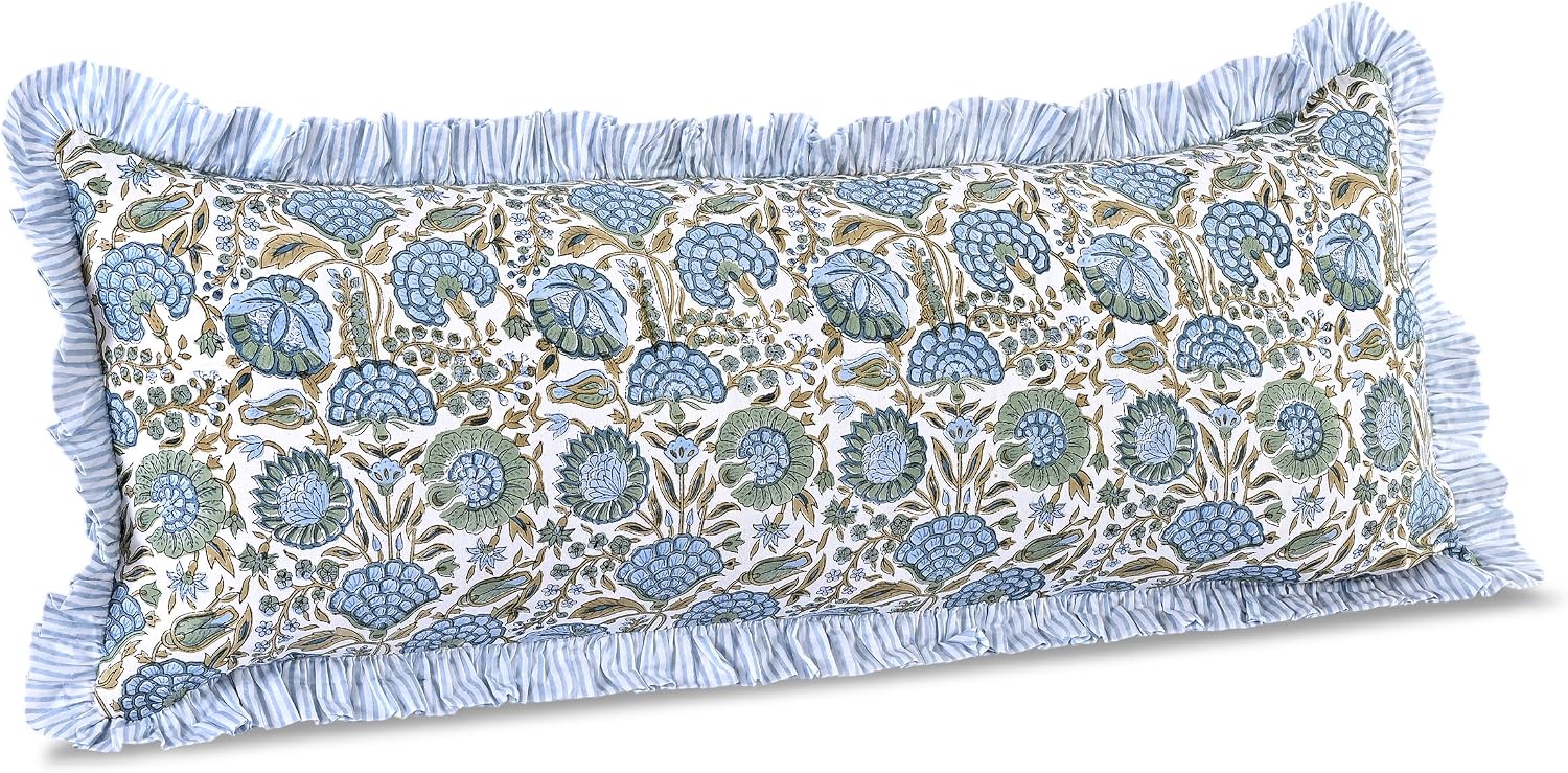 A rectangular decorative pillow with a blue, green, and beige floral pattern and a light blue and white striped ruffled border, inspired by amazon boho throw pillows, displayed on a white background.