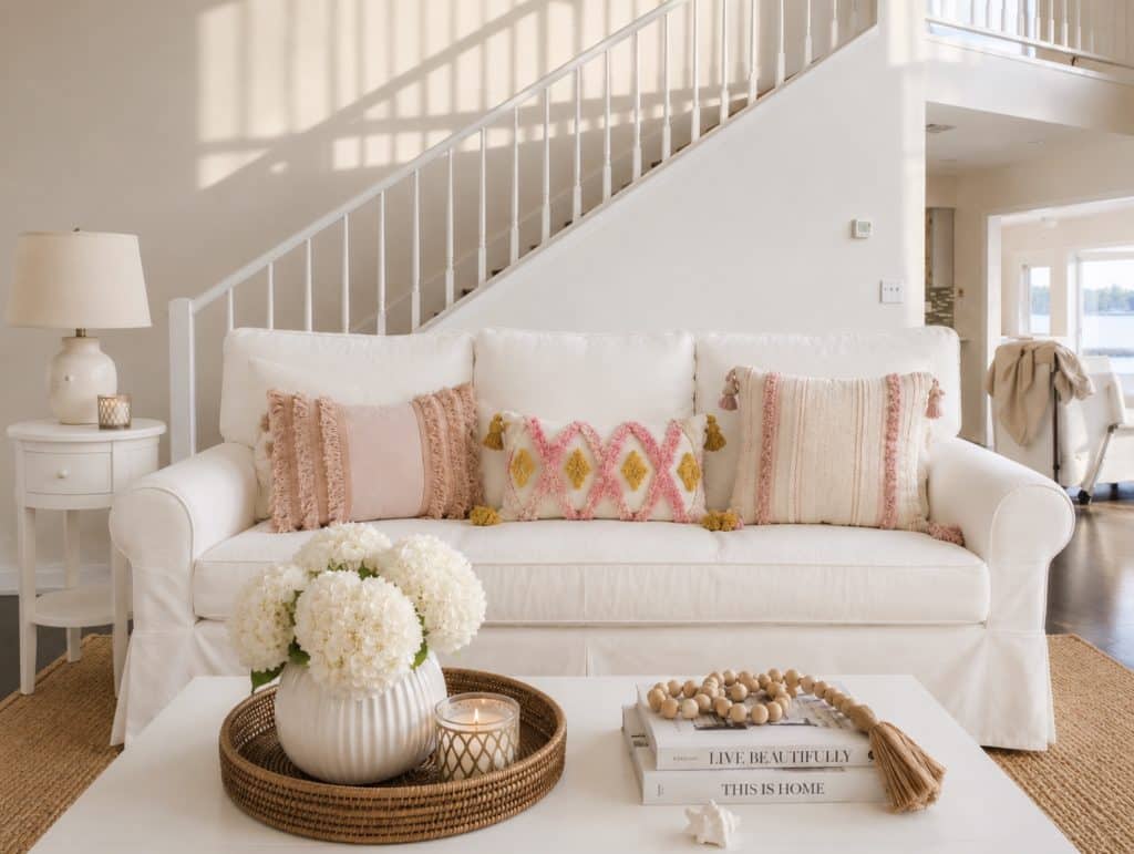 A cozy living room with a white sofa styled with amazon boho throw pillows in pink and gold, a round tray featuring white flowers and a candle on the coffee table, and a staircase in the background.