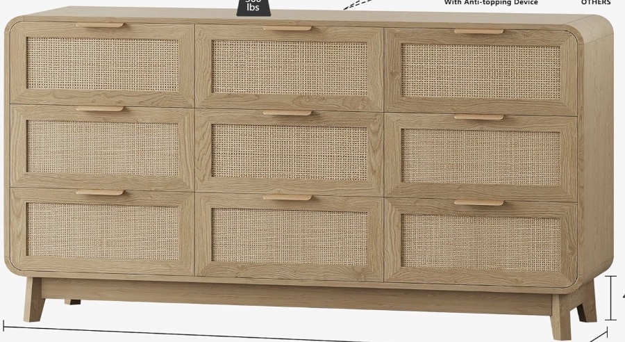 A wooden dresser with nine drawers, each featuring a woven rattan front panel and a rectangular wooden handle, set on short, angled legs—perfect for those seeking stylish rattan decor ideas.