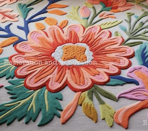 A vibrant, colorful floral pattern on fabric, featuring large orange and pink flowers with green leaves and blue accents, created using raised, textured embroidery—perfect for those seeking Anthropologie dupes with unique charm.