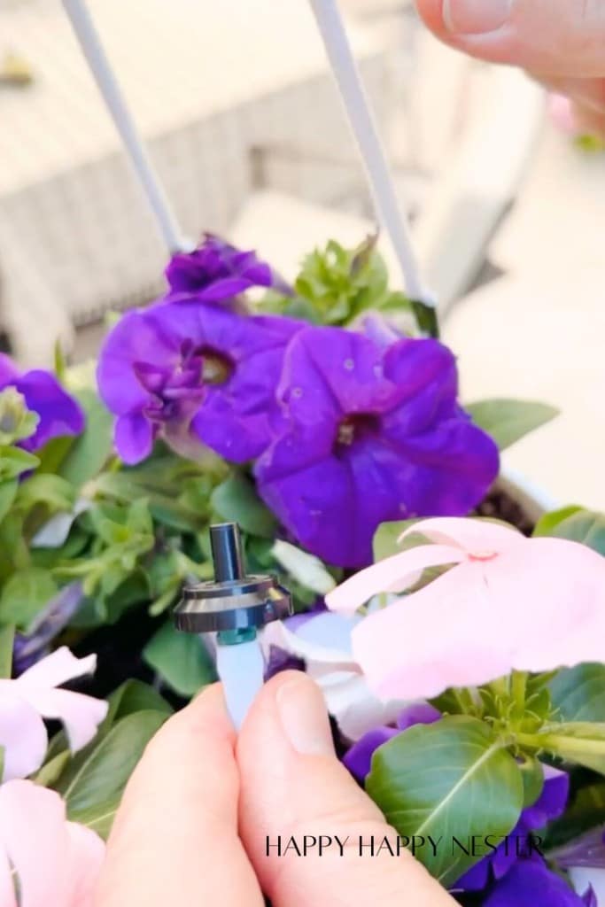 showing the emitter with a lock in this drip irrigation for plants in pots tutorial