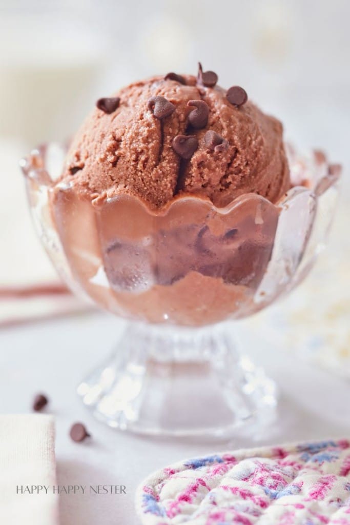 a scoop of chocolate oatmilk ice cream in a glass scalloped ice cream bowl