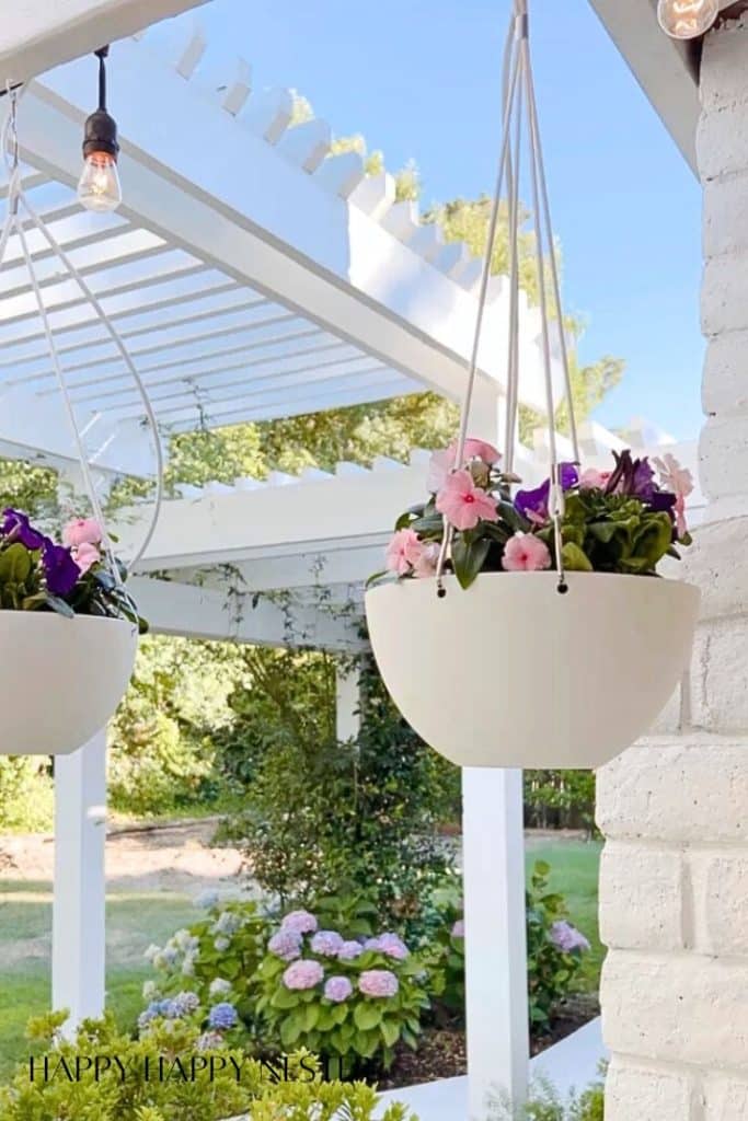 drip irrigation for potted plants hanging from a pergola