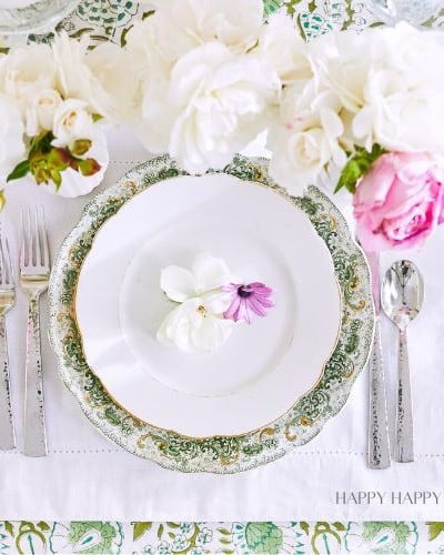 a pretty spring table setting from a bird's eye view