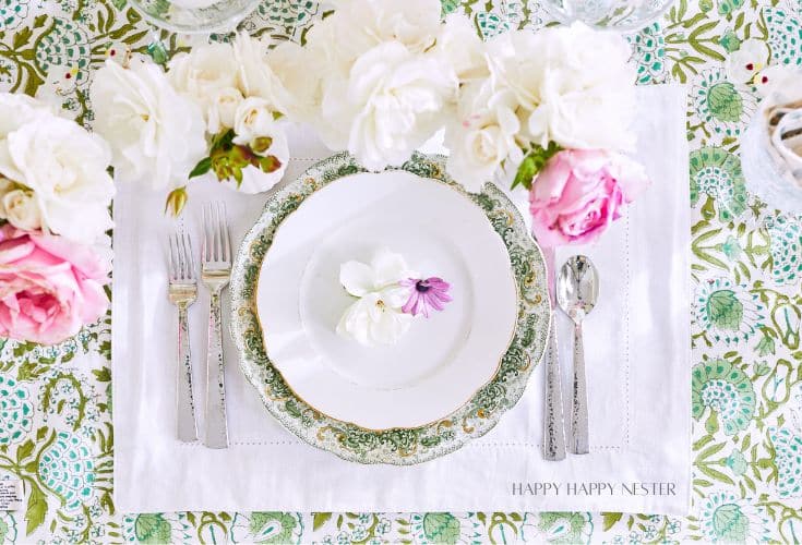 a pretty spring table setting from a bird's eye view