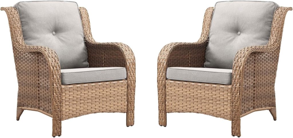 Two wicker armchairs with light brown woven frames and light gray seat and back cushions, positioned facing each other against a white background—perfect inspiration for those seeking stylish rattan decor ideas.