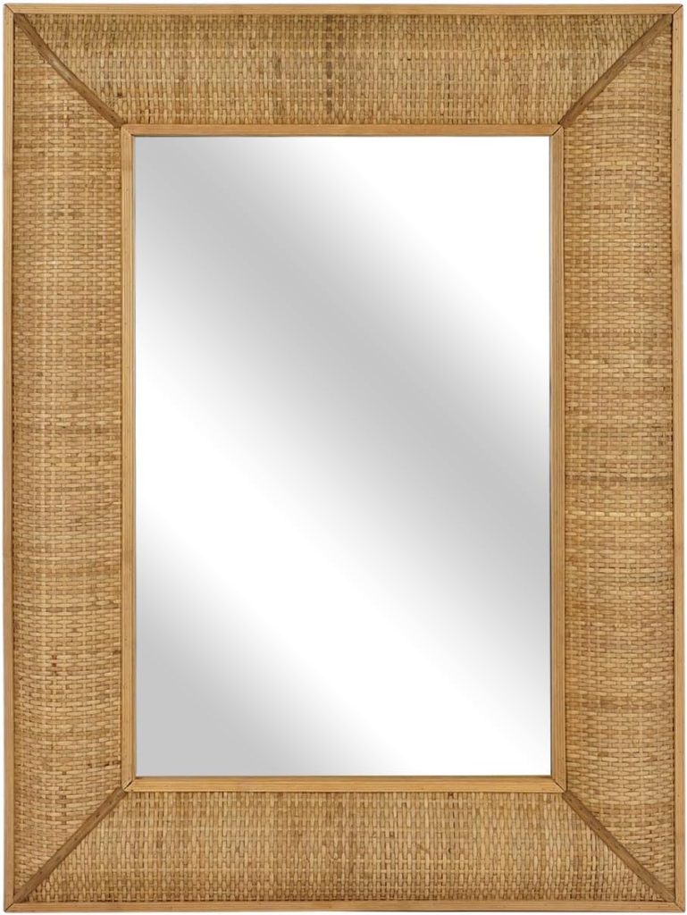 A rectangular mirror with a wide, textured, woven rattan-style frame in natural tan—a timeless piece perfect for those seeking stylish rattan decor ideas, set against a white background.