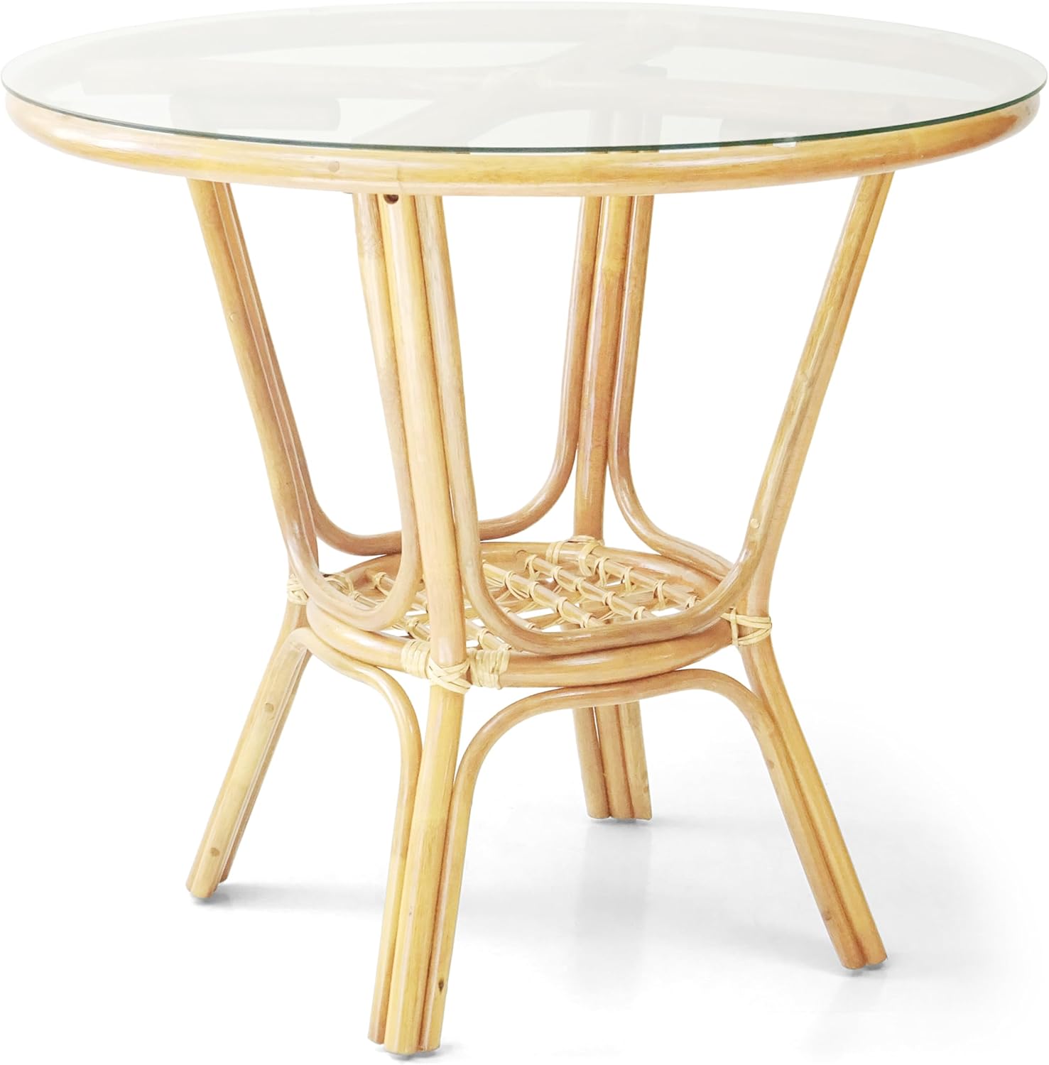 A round glass-top table with a light-colored rattan base featuring curved supports and woven details, this piece is perfect for those seeking Anthropologie dupes, photographed against a white background.