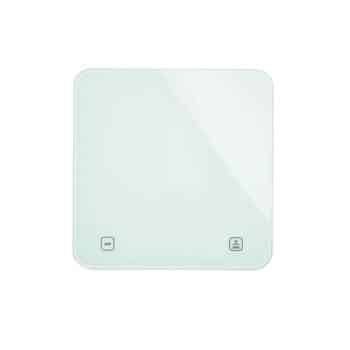 A white digital kitchen scale with a sleek, minimalist design. It has a square shape with rounded corners. Two buttons are located at the bottom: one for unit conversion on the left and another for power/tare functions on the right. The surface is glossy.