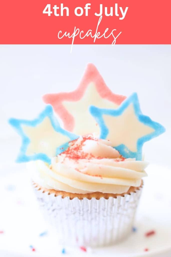 A cupcake with white frosting is adorned with red and blue star-shaped decorations and red sprinkles in celebration of the 4th of July. The cupcake is wrapped in a shiny silver liner. A banner at the top reads "4th of July cupcakes" in white text on a red background.