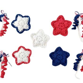 An array of crocheted stars in red, white, and blue colors, arranged in a scattered pattern. The stars are complemented by red, white, and blue ruffled ribbon decorations on the left and right sides of the image, evoking a festive and patriotic theme.