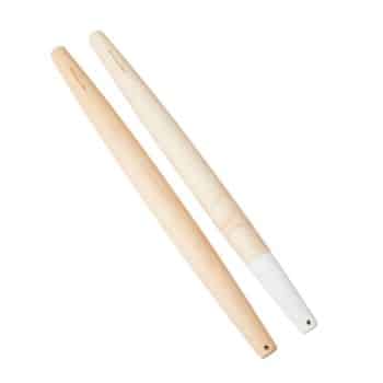 Image shows two French rolling pins made of wood. One pin is entirely wooden, while the other has a section coated with white material at one end. Each pin has a small hole near the end, likely for hanging. They have a tapered design, thicker in the middle and slimmer at the ends.