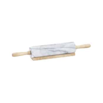 A marble rolling pin with wooden handles rests on a matching wooden base. The marble is white with grey veining, giving it a classic and elegant appearance. The base helps keep the rolling pin stable when not in use.