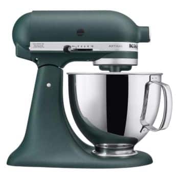 A green KitchenAid Artisan stand mixer with a stainless steel mixing bowl is shown. The mixer has a sleek design with a lever on the side for adjusting speeds and a large handle on the bowl.
