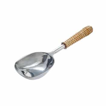 A metal scoop with a polished bowl and a handle wrapped in woven rattan. The scoop's design appears functional and ergonomic, suitable for scooping items such as flour, sugar, or other granular substances.