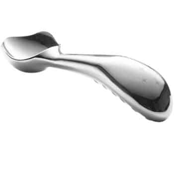 A sleek, stainless steel ice cream scoop with a reflective, shiny surface is featured against a plain white background. The scoop has a rounded bowl for scooping and a smooth, contoured handle for easy gripping, with subtle star-shaped engravings on the handle.
