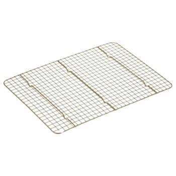 A rectangular metal cooling rack with a grid pattern, used for cooling baked goods. The rack has three supporting crossbars and is positioned on a white background.