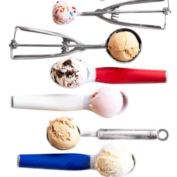 Six ice cream scoops are arranged vertically, each holding a different flavor of ice cream. The scoops have colorful handles: red, blue, and white. The ice creams vary in color from pink to chocolate chip to a light brown caramel color.