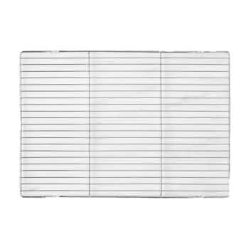 A metal cooling rack with a rectangular shape and horizontal grid lines, designed for placing baked goods to cool down. The rack is positioned against a white background.