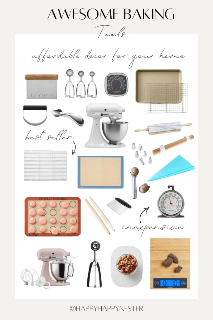 Infographic titled "Awesome Baking Tools" showing various baking items. Includes a mixer, cake tins, measuring spoons, rolling pins, mixing bowls, timers, scoops, a silicone mat, cooking thermometer, and more. Labels indicate "affordable decor," "best seller," and "inexpensive.