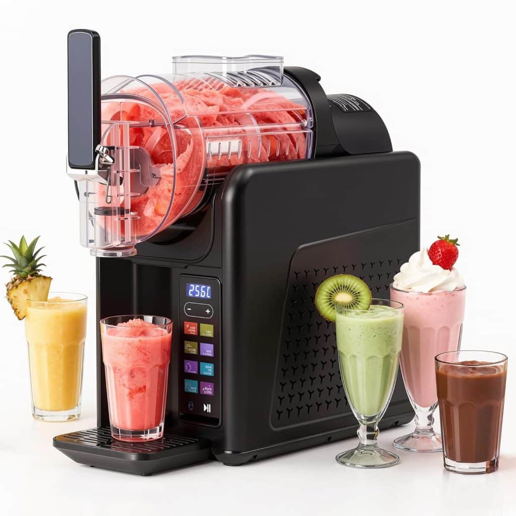 A black smoothie machine with fruit inside, surrounded by five colorful smoothies in glasses—garnished with fruits and whipped cream, alongside essential ice cream tools—on a white background.