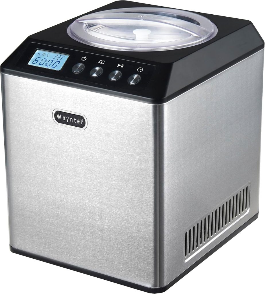 A stainless steel Whynter ice cream maker with a digital display, control buttons, and a transparent lid on top. The machine has a modern, boxy design and is an essential addition to your collection of ice cream tools.