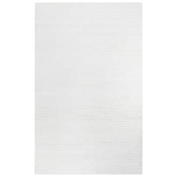 A plain white rectangular rug or fabric with subtle horizontal lines running across its surface. The overall design is minimalist and clean.