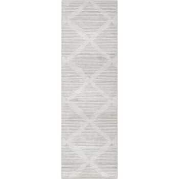 A long, rectangular runner rug with a subtle geometric pattern. The rug features light grey tones and soft, diagonal lines forming diamond shapes throughout its design. The overall look is modern and minimalistic.