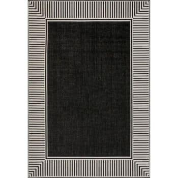 A rectangular rug featuring a solid black center, bordered by a white frame with black vertical stripes. At each corner, the stripes form a right-angle pattern, adding a decorative touch to the clean, modern design.