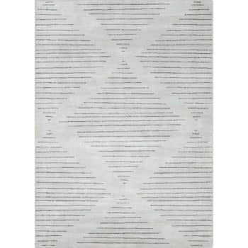 A rectangular area rug with a light gray background featuring a subtle geometric pattern. The design consists of faint, evenly spaced diagonal lines forming diamond shapes across the rug. The overall aesthetic is modern and minimalist.