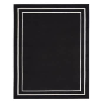 A rectangular black rug with a minimalist design featuring two parallel white borders near its edges. The clean and simple geometric pattern creates a modern and elegant appearance.