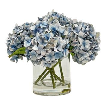 A clear glass vase holds a bouquet of blue and white hydrangea flowers with green stems. The flowers are tightly clustered, showcasing delicate petal variations in blue, lavender, and white hues. The arrangement is simple yet elegant, placed against a plain background.