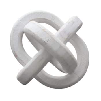 A decorative white wooden knot sculpture featuring two intertwined rings. The sculpture has a smooth, slightly distressed finish and appears to be handcrafted, showcasing its intricate and geometric design.