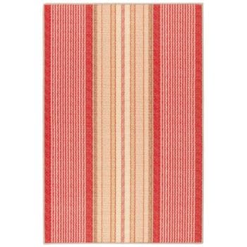 A rectangular rug featuring vertical stripes in shades of red and beige. The pattern alternates with wider beige stripes flanked by narrower red stripes, creating a balanced, symmetrical design. The texture appears woven, adding a cozy and inviting look.