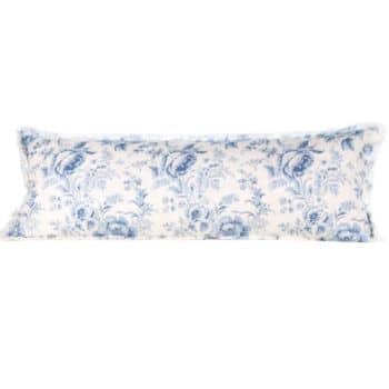 A long, rectangular body pillow with a white background and blue floral print design. The flowers are intricately detailed, giving the pillow an elegant and vintage look. The pillow appears plush and suitable for decorative or comfort purposes.