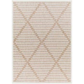 A rectangular area rug with a geometric design. The rug is beige and features a pattern of large intersecting diamonds, creating a grid-like appearance. The background is a lighter shade of beige, providing a subtle contrast to the diamond pattern.